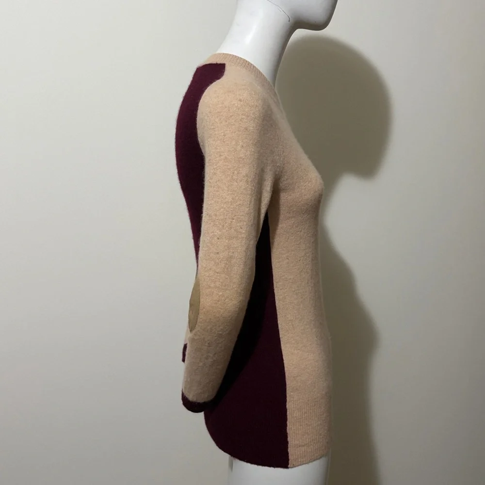 J. Crew Tan and Burgundy Elbow Patch Cashmere Wool Sweater Size S